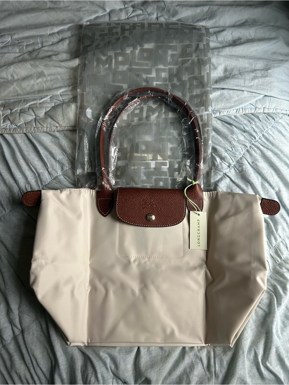 Medium Longchamp Le Pliage Cream Tote with Brown Leather Trim